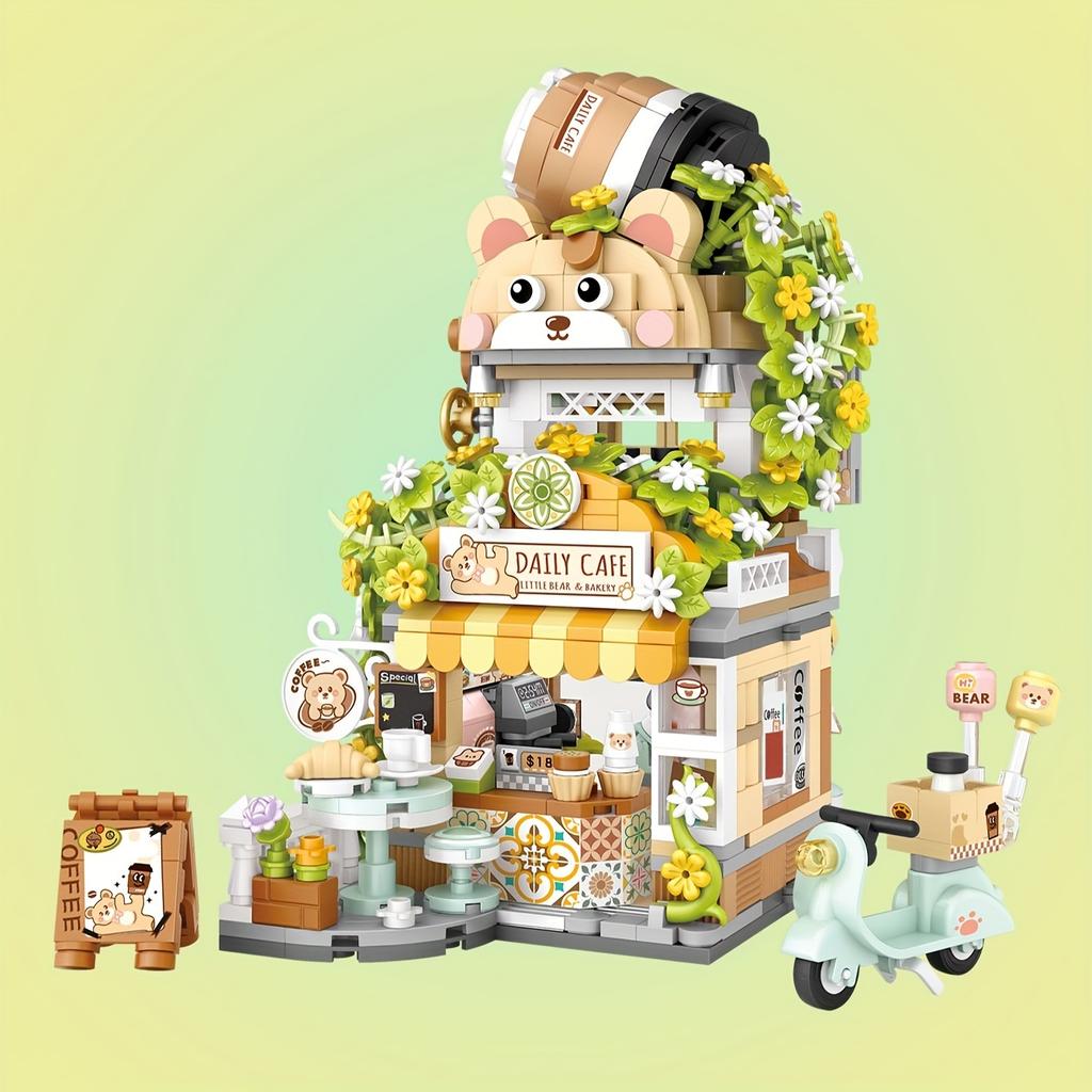 Street View Spring Style Cute Bear Cafe Store, Panda Tea House Mini Building Blocks Set, Diy Brick Set, Home Decor,