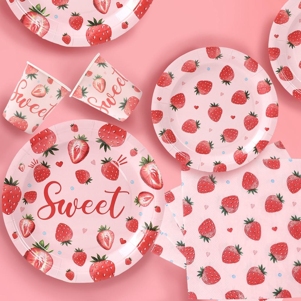 Süßes Erdbeer Einweggeschirr Set Erdbeer Thema Geburtstagsfeier Dekorationen Kinder Gastgeschenke Geschenk Mädchen Babyparty Zubehör