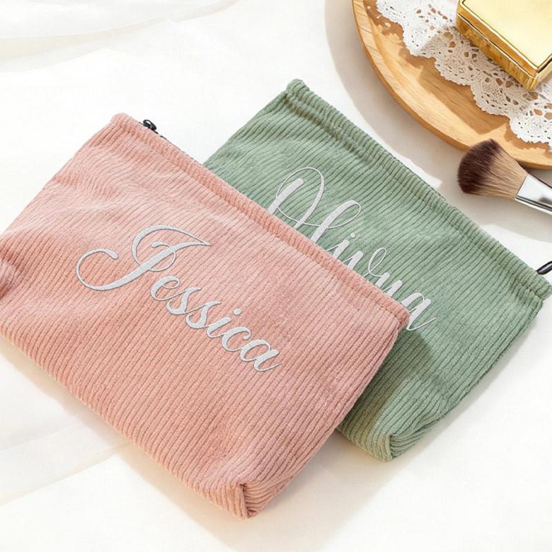 Customized Text Embroidered Corduroy Makeup Bag with Zipper Functional Flat Tool Pouch Custom Washroom Bags Birthday Gift