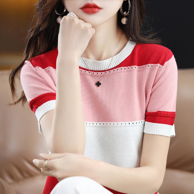 Summer Women's Knitted T-shirt Round Neck Hollow Out Pullover Knitted Half Sleeved T-shirt for Women