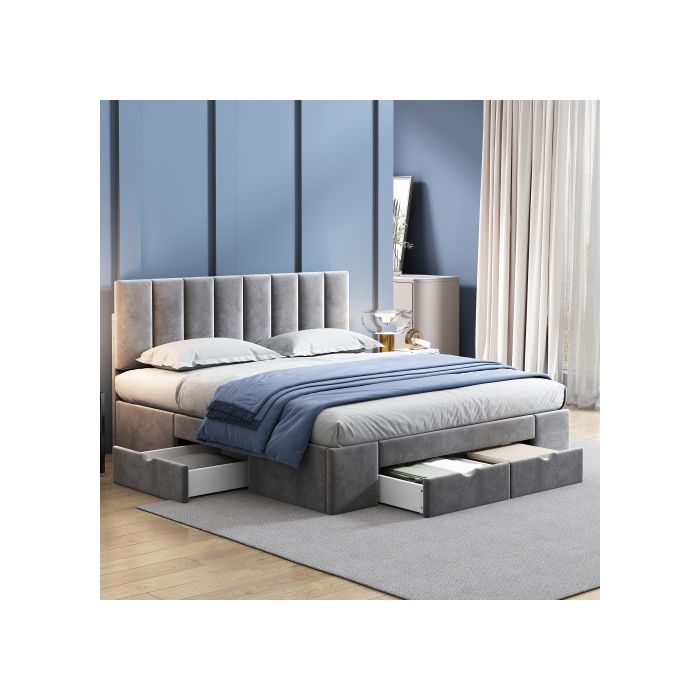 Letto imbottito - MUVOE - 160 x 200 cm - Velluto grigio - 4 cassetti - Rete a doghe