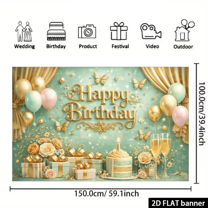 2D Floral Champagne Happy Birthday Backdrop Banner for Luxurious Party Supplies