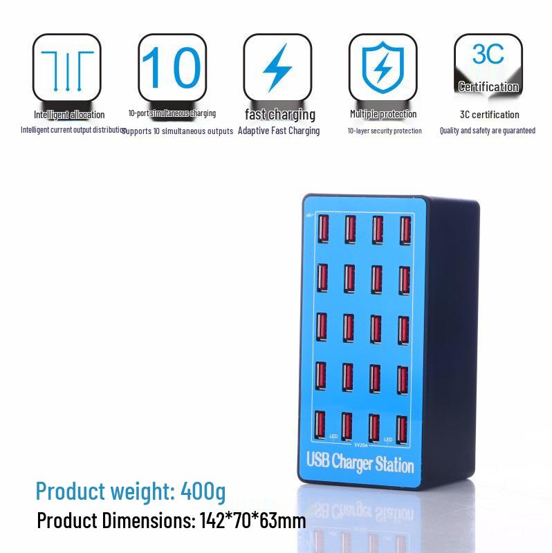 CE Certified 20-Port 100W Multi-USB Desktop Charger (ROHS, FCC, EU/US/UK/AU Specs)