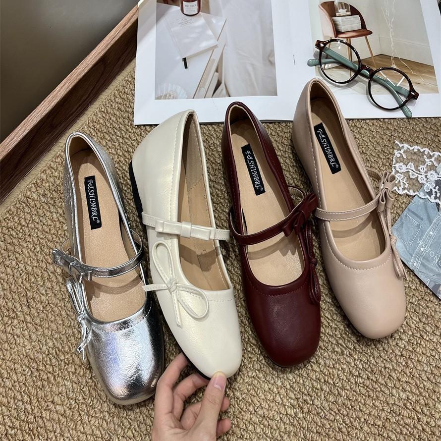 Leather version~ Leather French retro flat-bottomed bow light-mouth single shoes women's new silver Mary Jane evening shoes