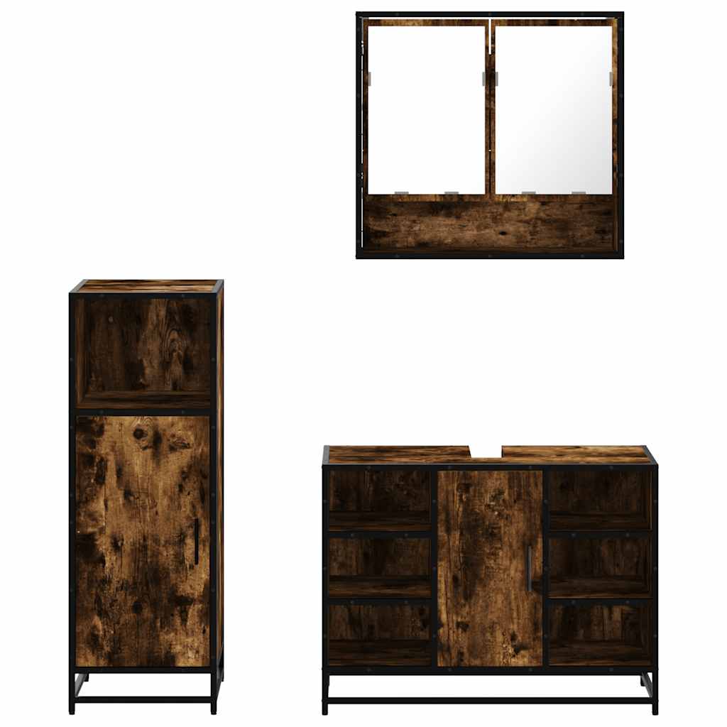 3 Piece Bathroom Furniture Set Smoked Oak Wood Based Panel