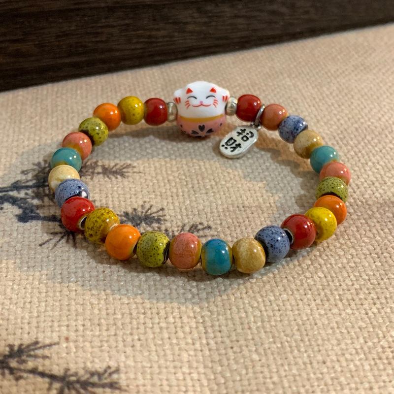 Bracelet Chat Porte-Bonheur Dessin Animé Mignon Pour Femmes Filles Bracelets Élastiques Colorés à Perles Breloques Chat en Céramique Bijoux Cadeaux