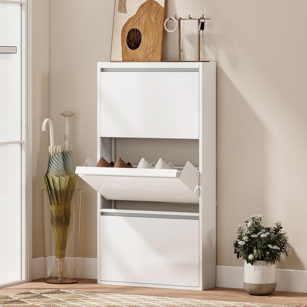Metal Shoe Cabinet with 3 Flip-Down Compartments, Slim Shoe Cabinet, Wall-Mounted, for 6 Pairs of Shoes, White