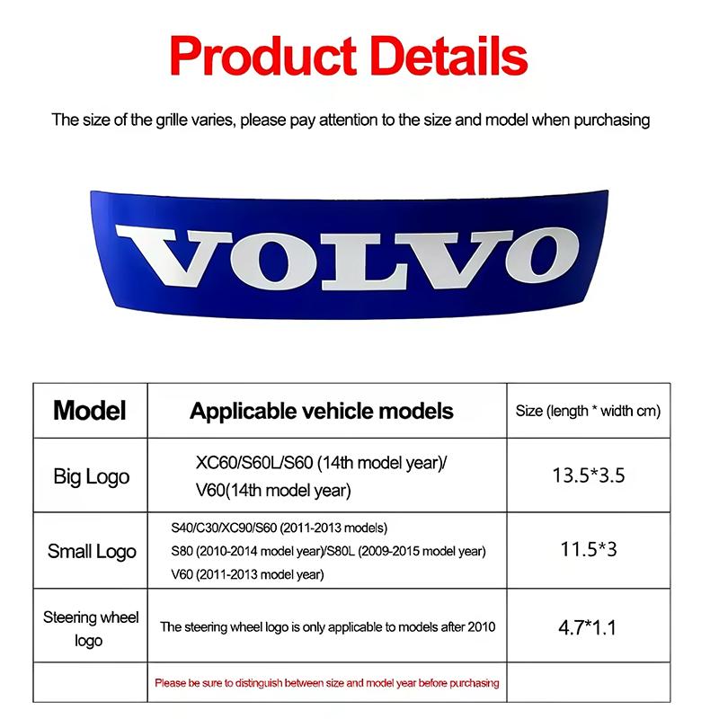 Car front grille logo/blue and black letter badge/steering wheel sticker for Volvo V50 S60L XC60 S40 XC90 V60 S80 V90 V70 V6 T6