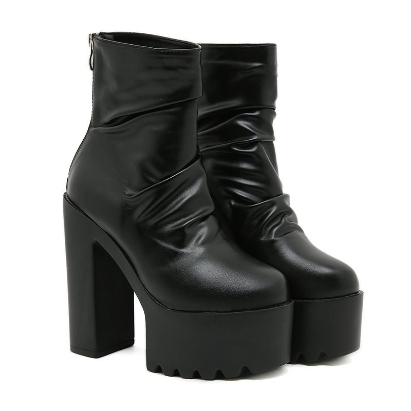 Autumn Platform Ruched Boots High Heels Back Zipper Black Short Boots For Women Increased Waterproof Nightclub Shoes