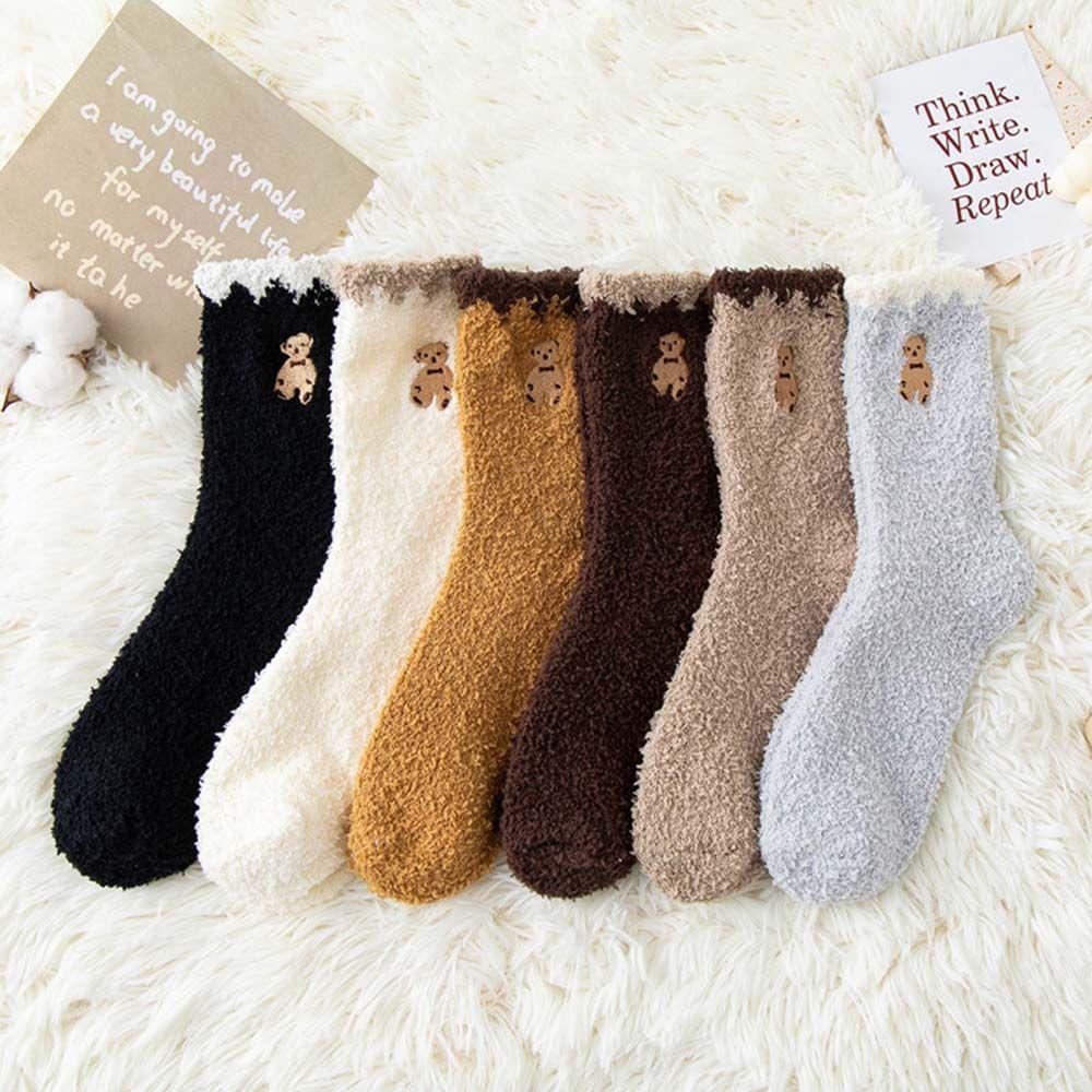 Solid Color Embroidery Bear Girls Mid-tube Socks Female Hosiery Coral Fleece Socks Cute Floor Socks