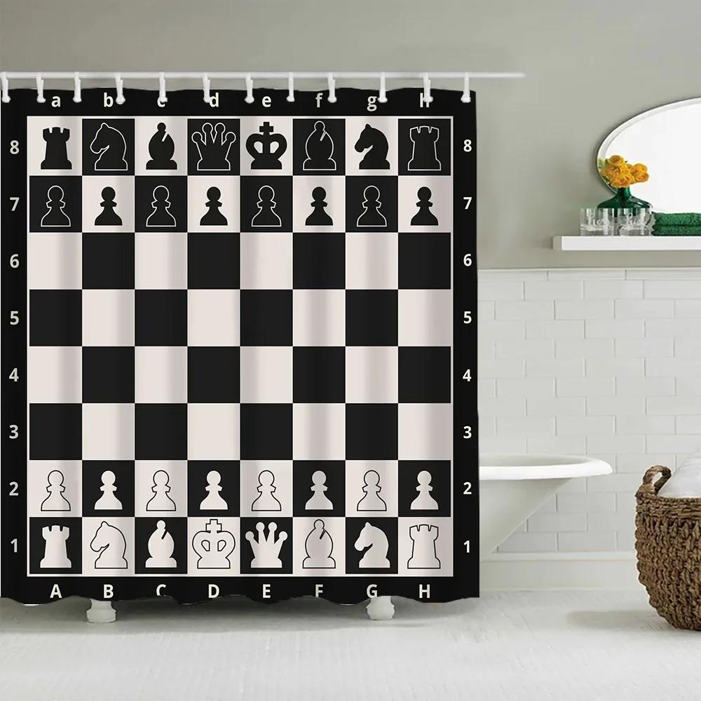 Chess Shower Curtain Horse Head International Chess Stripes Bathroom Curtains Chessboard Waterproof Board Game Bath Curtains Set