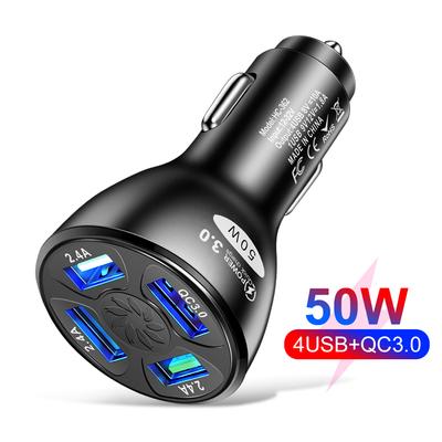 Carregador de Carro 50W 4 Portas USB Carregamento Rápido Quick Charge QC 3.0 Adaptador Para iPhone 13 Samsung Xiaomi Carregador de Celular