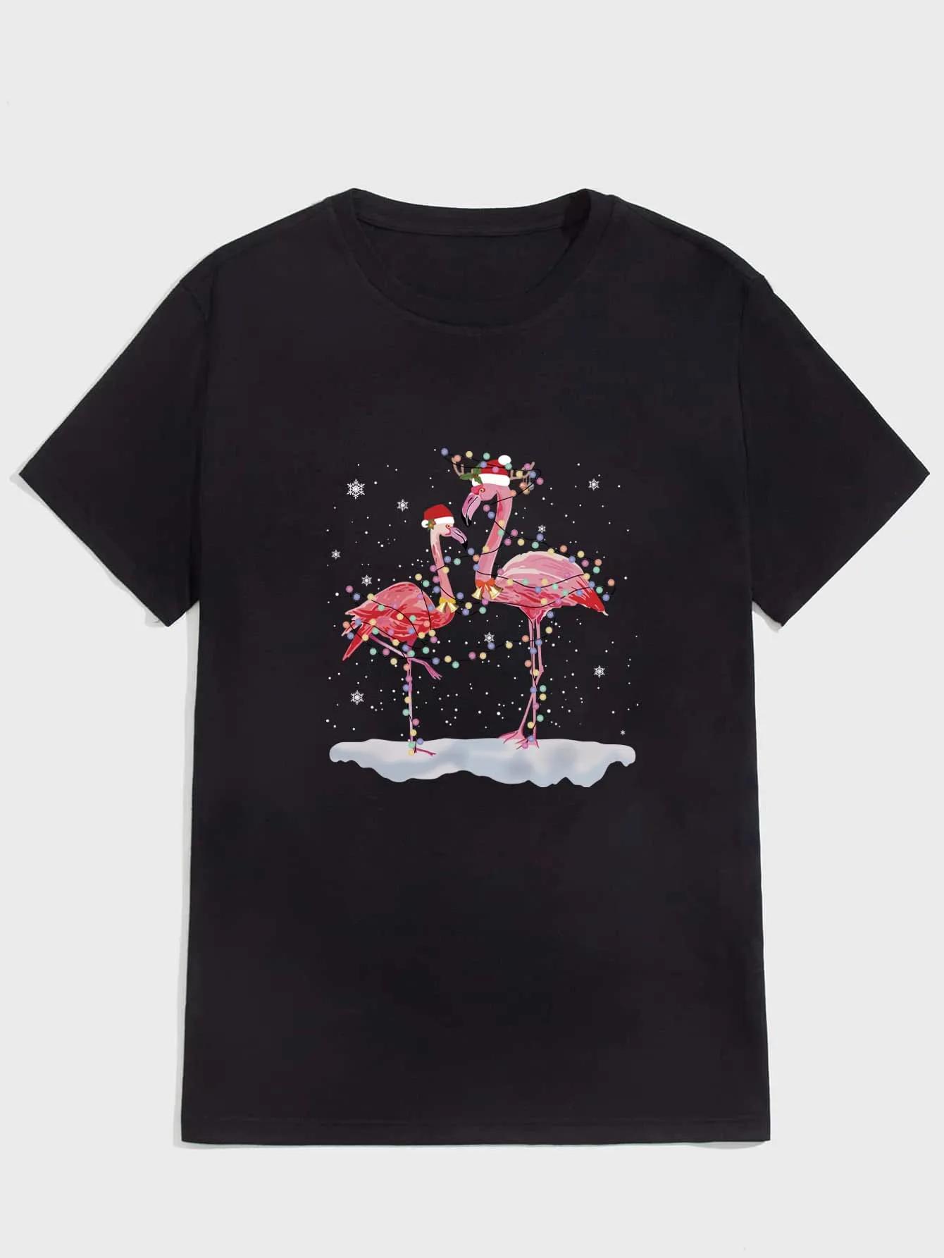 

Футболка с фламинго, рождественской елкой, шапкой Санты и рождественскими огнями, мужская повседневная футболка с коротким рукавом и круглым вырезом, модная летняя футболка XXXXXL чёрный