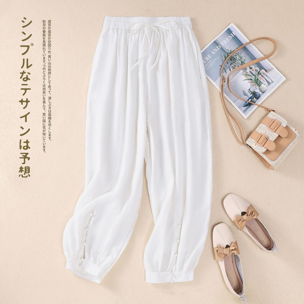 Summer new literary loose solid color cotton and linen elastic waist Harlan pants nine-point pants women's casual pants
