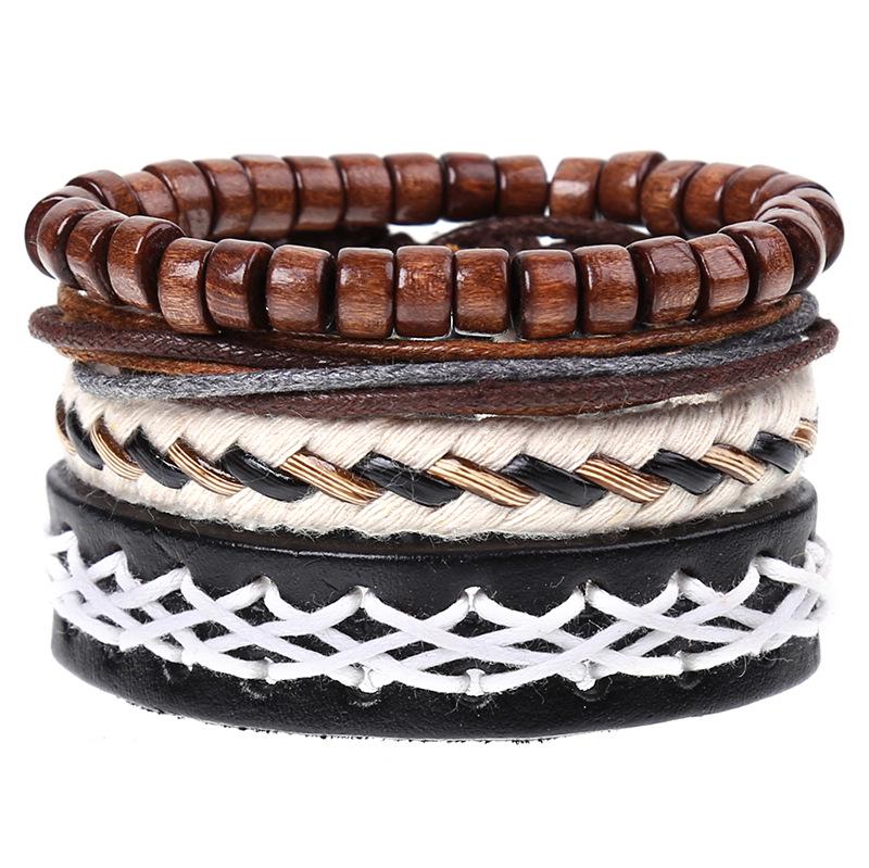Retro Woven Cowhide Leather Men's Bracelet Set - European & American Handmade DIY Knot