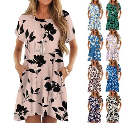 Damenmode Lässig Rundhals Kurzarm Blatt Floral Print Kleid
