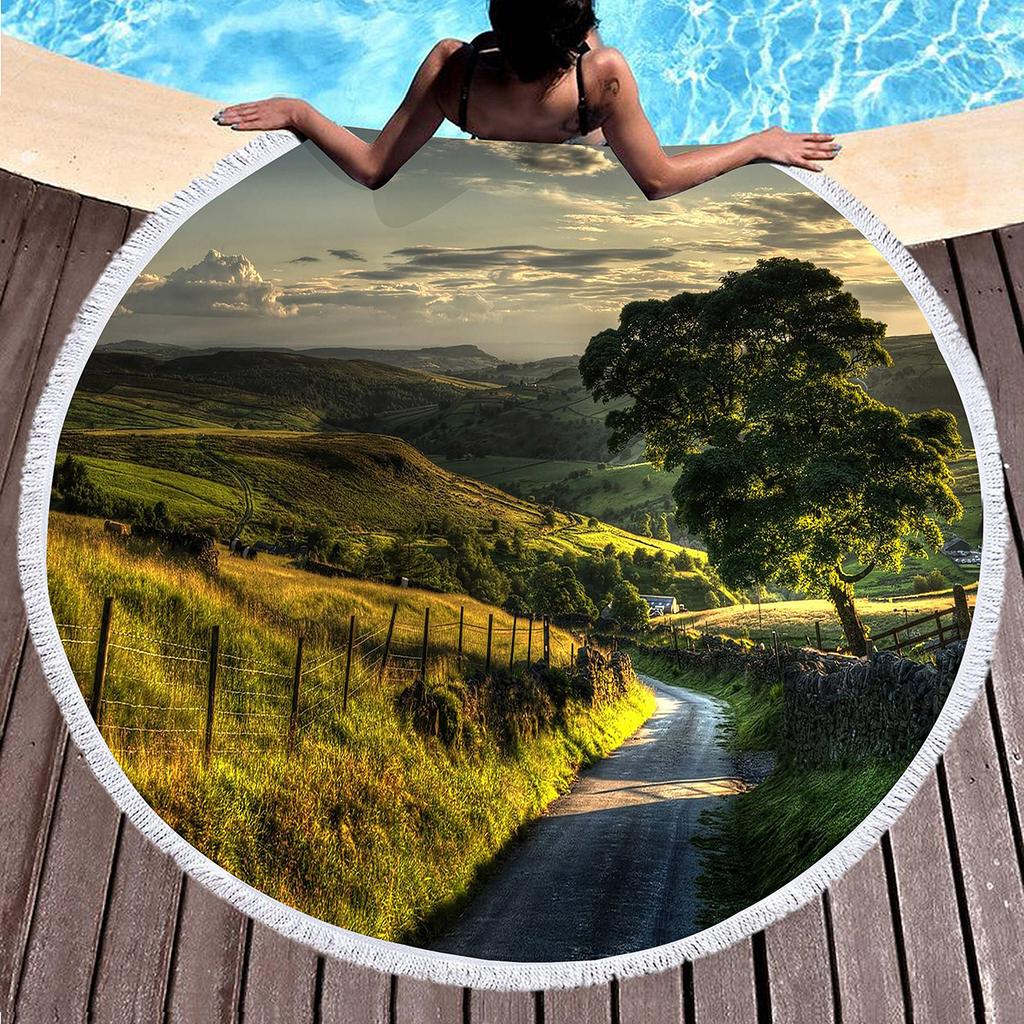 Pretty Country Scenery Print Round Beach Blanket,Polyester Sand Resistant Beach Towel,Absorbent Quick Dry Pool Towel Picnic Mat