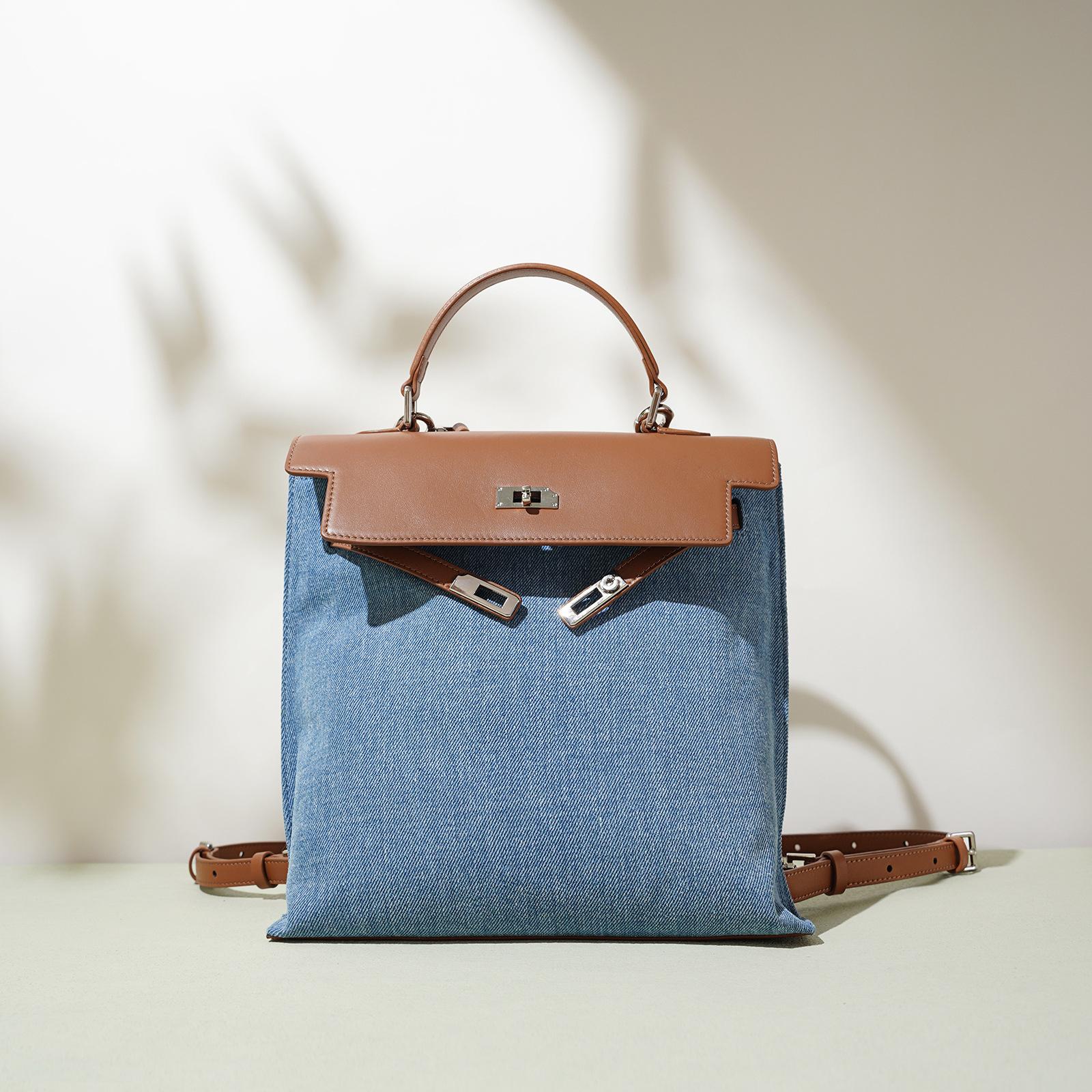 Jmg Bags Women's Blue High-End Backpack, Niche Design, Leather Single-Shoulder Bag, Large Capacity, Fashionable And Simple Handbag