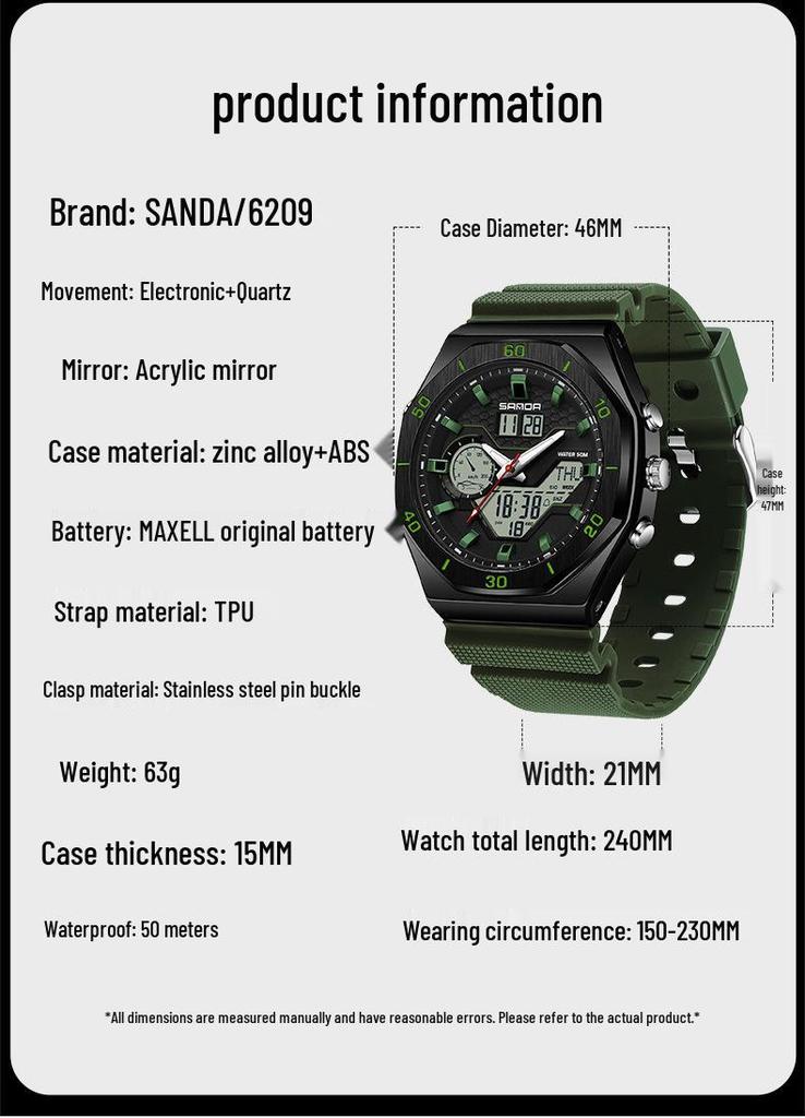 SANDA Multifunctional Sports Watch - Large Dial, Luminous, Waterproof Design for Students.