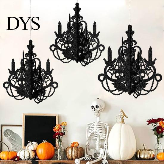 Lightweight Hanging Decorations 3D Candlestick Chandelier Ceiling Ornament, Gothic Halloween Glitter Matte Black Holiday Decor Decoration for