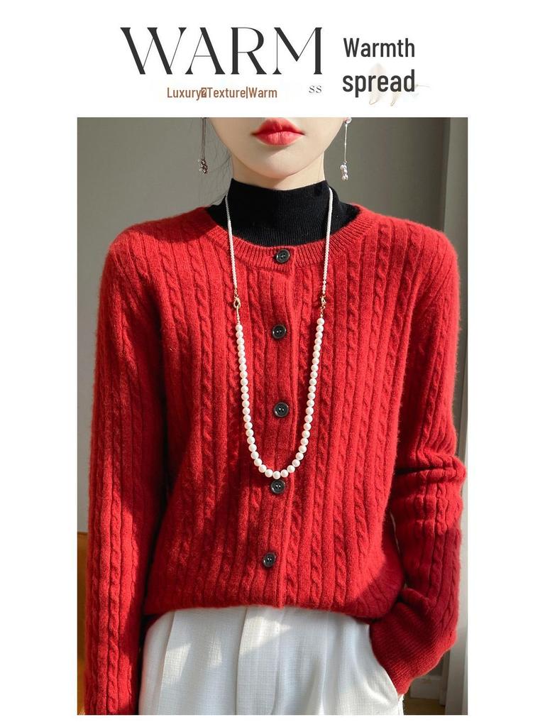 Women's Loose Twist Stitch Wool Cardigan Sweater - Red Round Neck, New Year 2024 Edition.