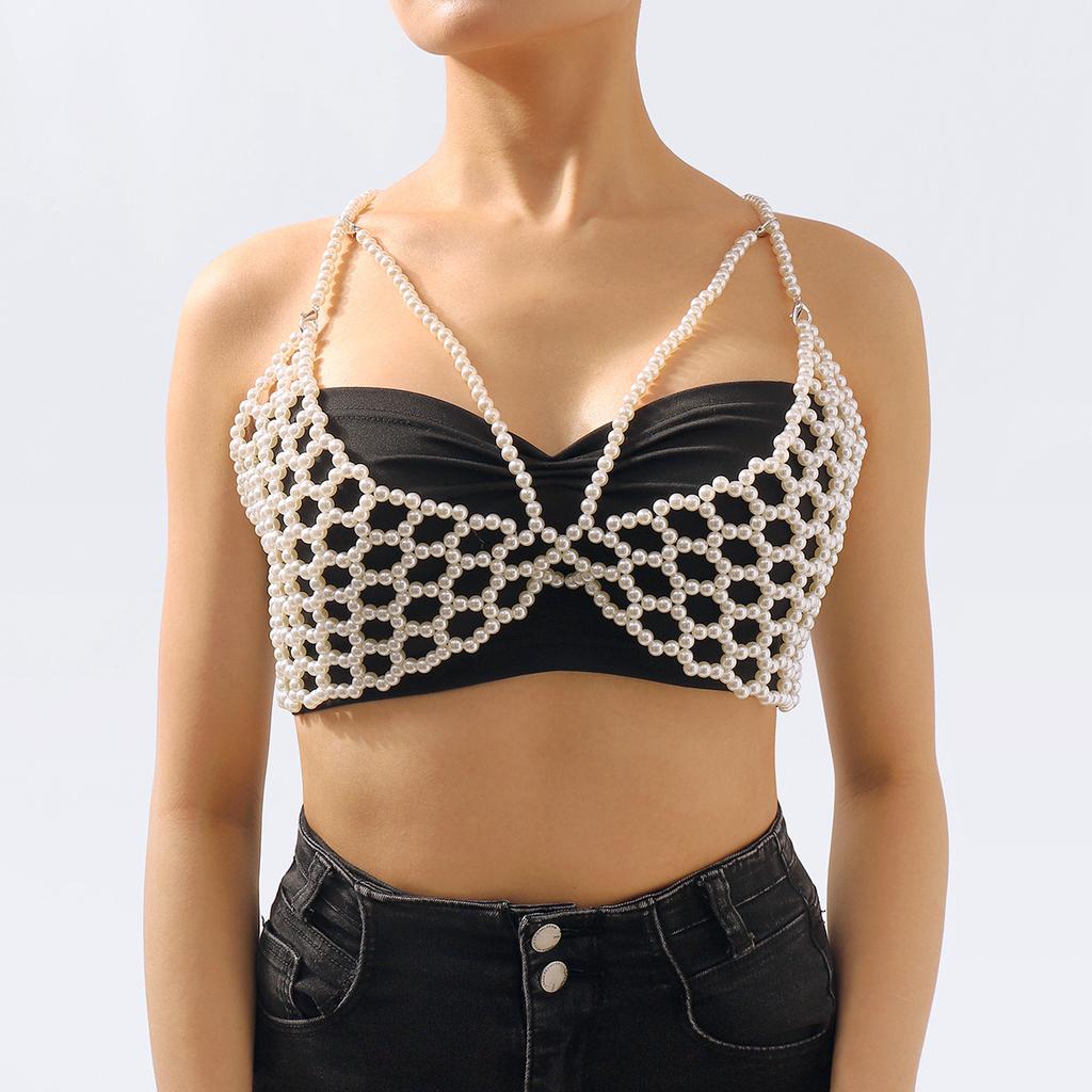 Fashionable Pearl Vest Trendy Hand-woven Body Chain Sexy Hollow Bikini Style Chest Ornament