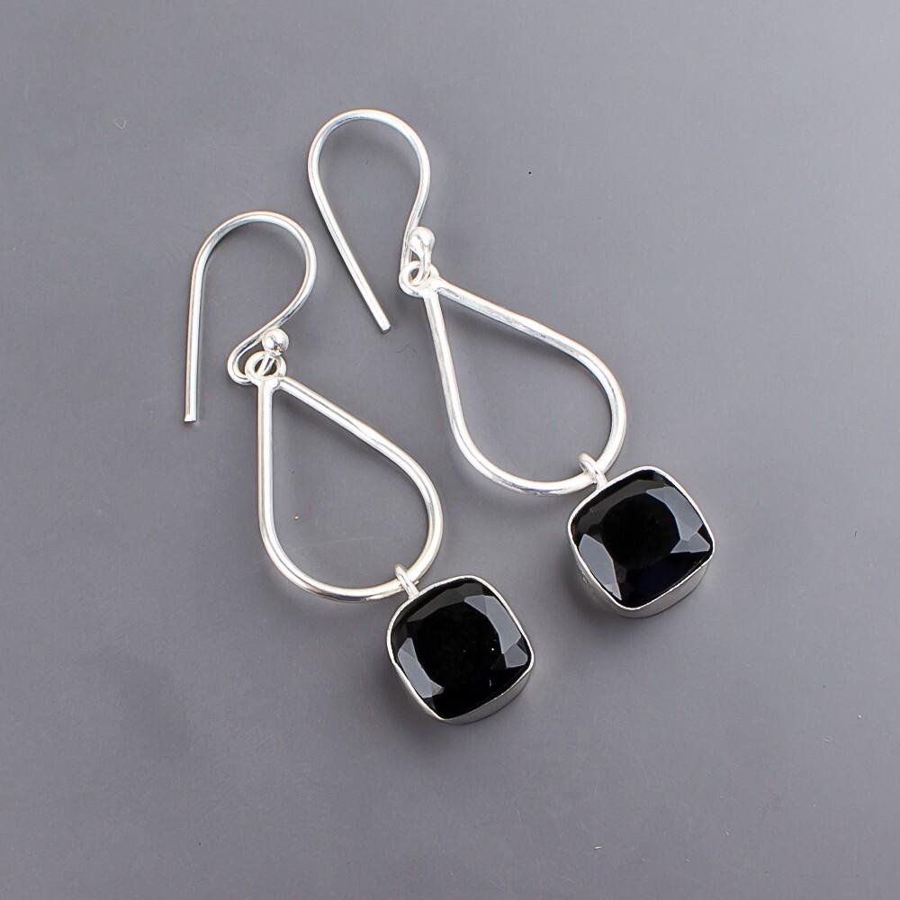 Black Onyx Gemstone 925 Sterling Silver Handmade Jewelry Earrings 1.90" For Gift EE-7-18