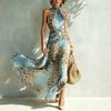 Damen Halter Neck Leopardenmuster Maxikleid Ärmellos Hohe Taille Fließendes Sommer Strandkleid