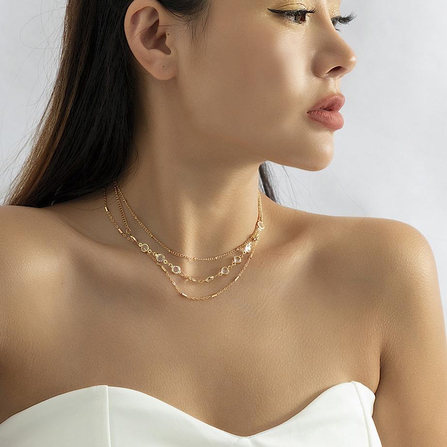 Versatile simple design crystal stacked collarbone chain, cold wind temperament metal necklace woman