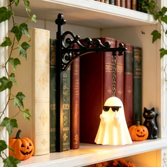 Retro Reading Corner Lamp Library Lantern Bookshelf Lamp, Vintage Metal LED Nightlight for Book Nook Decor, Gothic Home Decor Ghost Book/Wearing