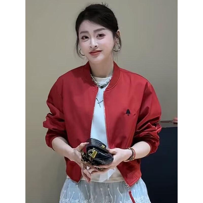 Women's 2025 Korean Style Red Baseball Jacket Coat - Fashionable, Casual, Age-Reducing, Loose Fit for Spring and Autumn.
