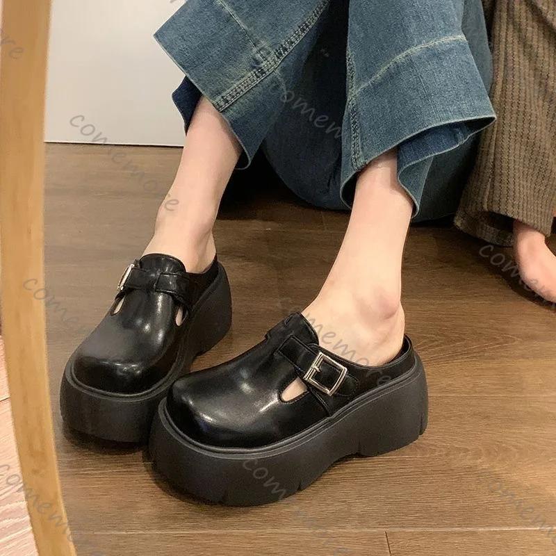 Comemore Platform Baotou Slipper Shoes Women Black Brown High Heels Women's Shoes Casual Slip on Outside Wear Half Mules Slides