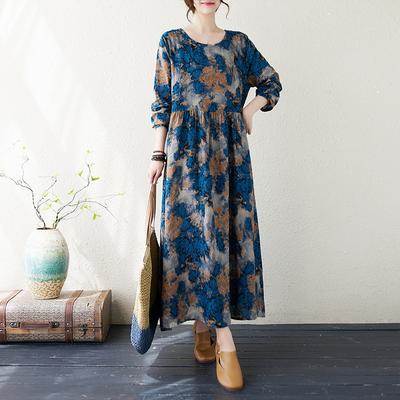 Autumn Cotton Hemp Printed Round Neck Loose Large Size Long Sleeve Dress for Women Boho Vintage Dresses