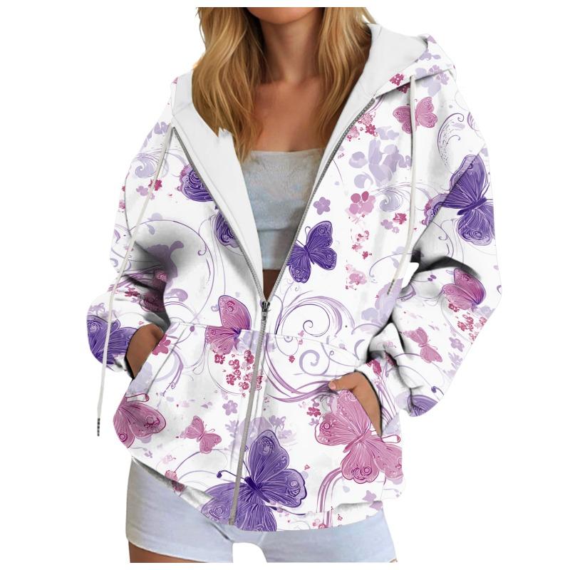 Stylish Printing Hooded Women'S Sweatshirt With Pockets Autumn/Winter Long-Sleeve Casual Hoodies Full Zipper Outdoor Sportwears