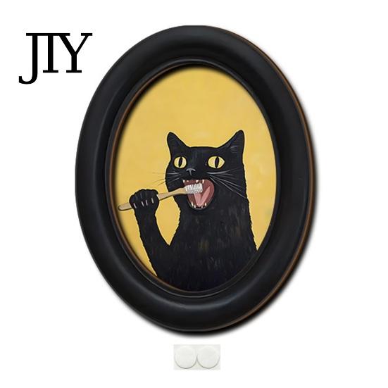 Modern Wood Wall Decoration Abstract Art Cat Decor, Oval 2D Framed Funny Painting Contemporary Birch Print, Vintage Ornament for Living Room