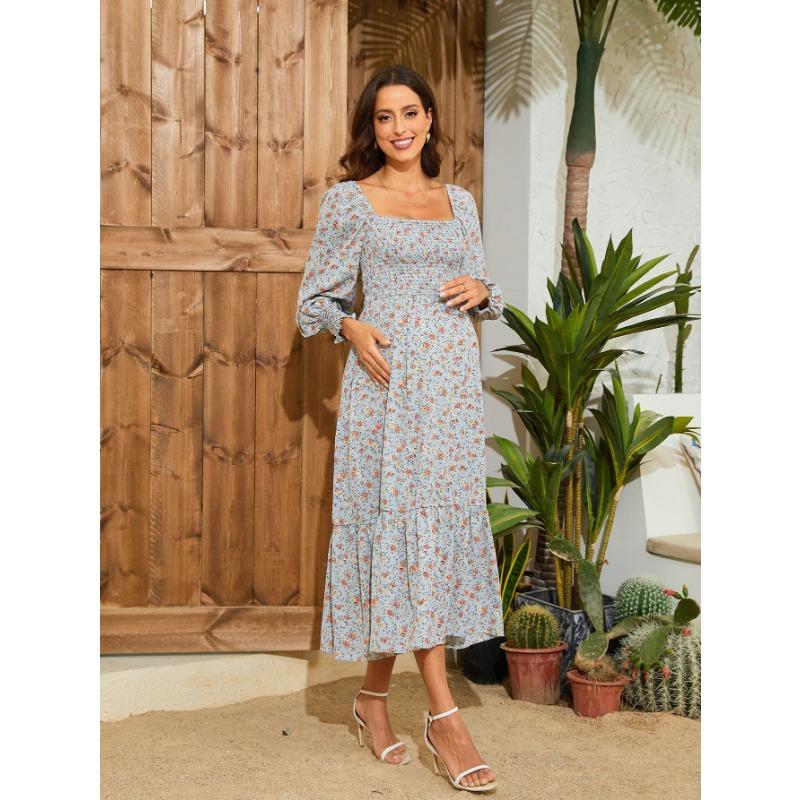 YYFS Women's Fashion Spring Fall Flower Pattern Print Long Sleeve Square Collar Loose Waistline Casual Dresses