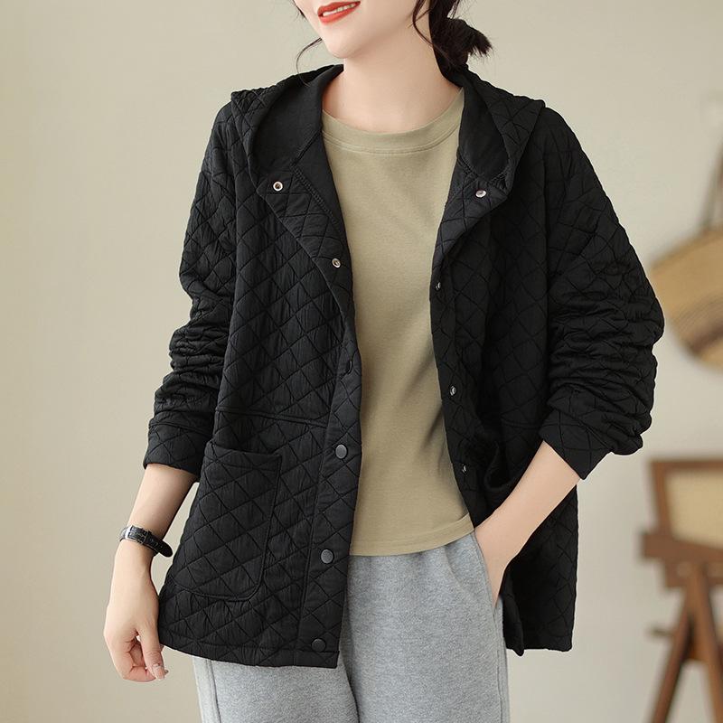 

2025 Autumn/Winter Women s Korean Style Loose Hooded Quilted Cotton Jacket M чорний