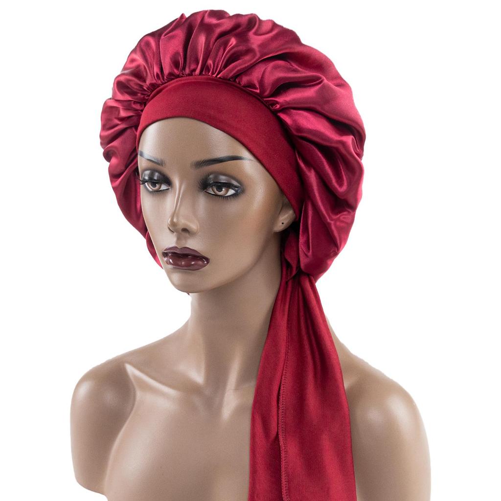 Satin Nightcap with Wide Elastic and Long Tail - Extra Large Women's Ribbon Shower Hat