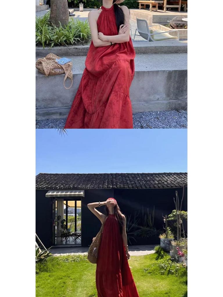 Retro Chinese Style Red Halter Neck Dress for Women - Summer Seaside Vacation Long Flare Skirt