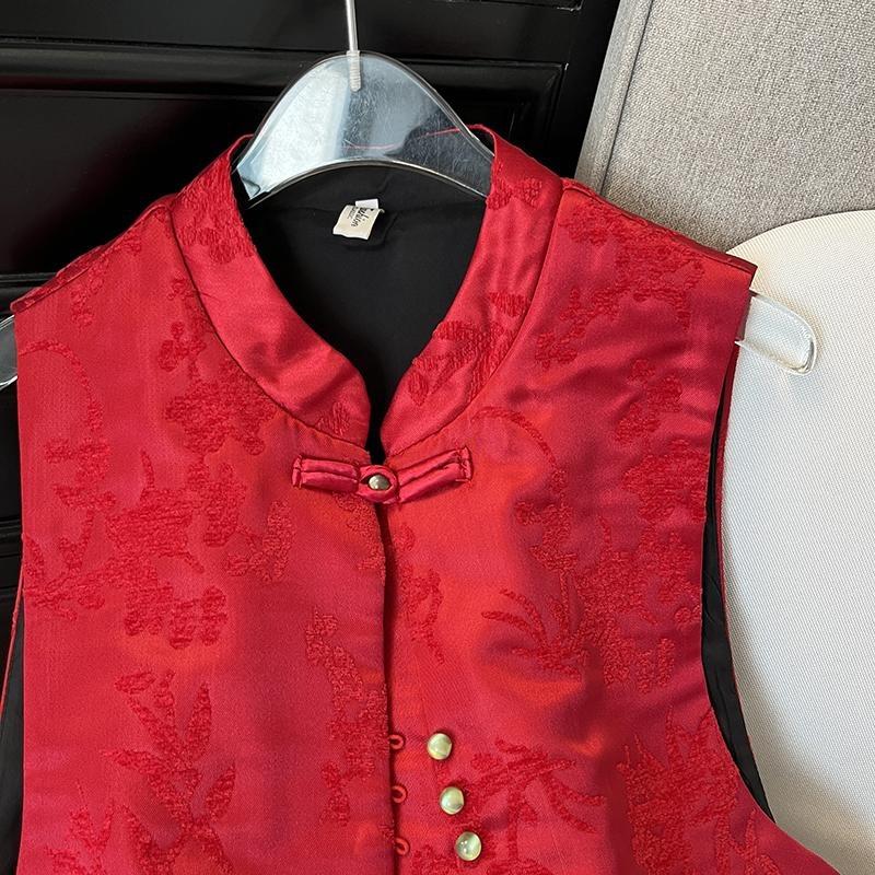 2025 High-end Festive Mother Vest Temperament Stand-up Collar Jacquard Button-up Top Vest