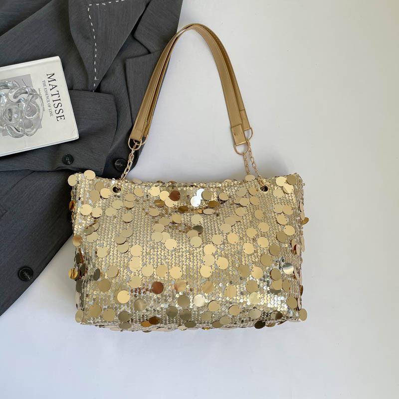 Versatile Shiny Sequin Shoulder Bags for Women Large Capacity Ladies Casual College Tote Bag Simple Solid Color Female Handbags