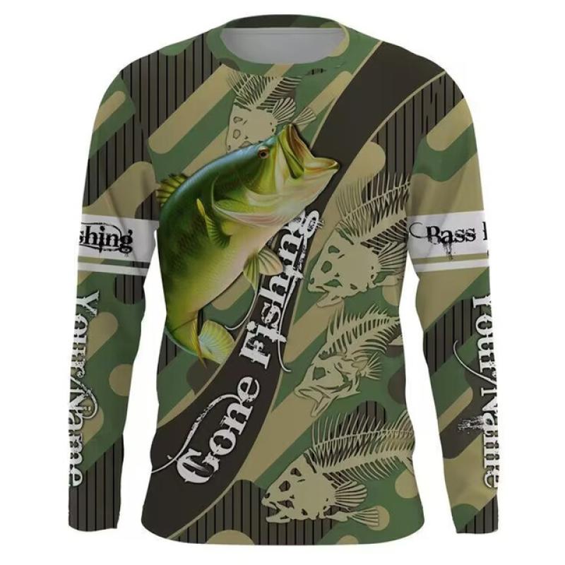Men's Outdoor Fishing T-shirt, Long Sleeved Shirt, 3D Underwater Fish Pattern, Casual and Fashionable, Round Neck