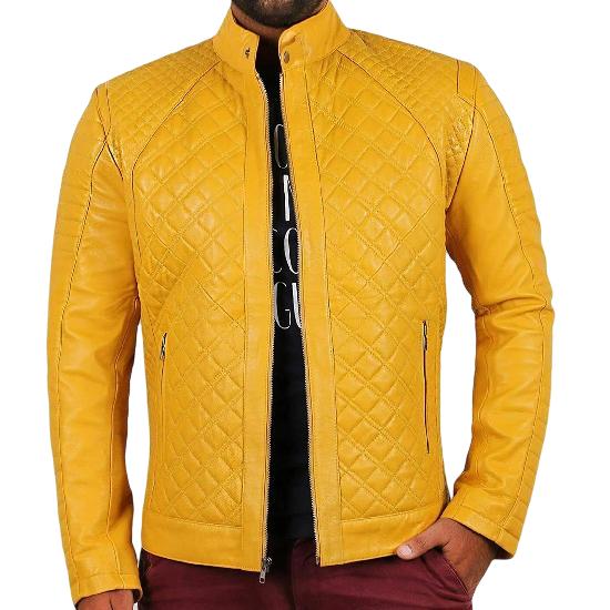 Noora Veste en cuir jaune pour homme, veste de motard pour homme, veste de style matelassée, veste en cuir de motard pour homme