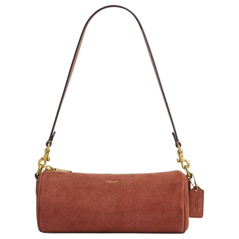

COACH Barrel metal hardware monogram print suede and calfskin shoulder bag women s clay золотий