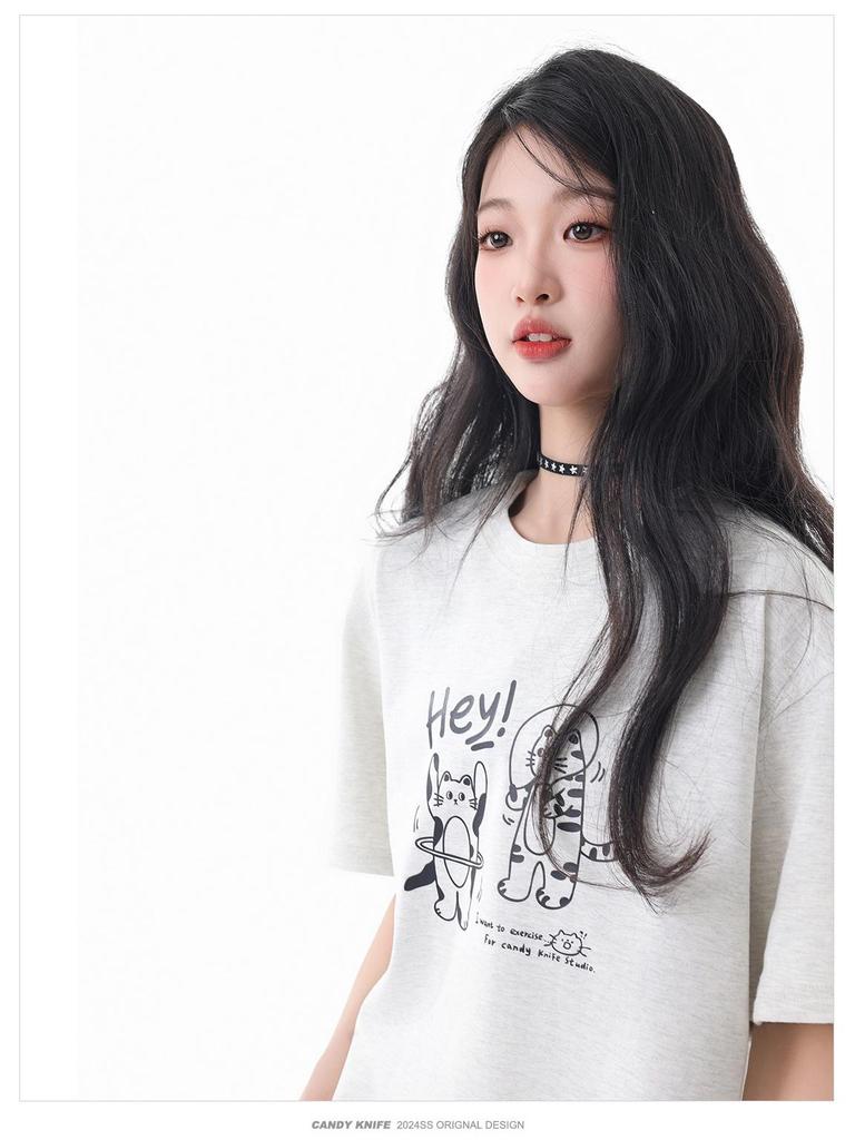 Unisex Summer Trend Cat Print Cotton Tee, Drop Shoulder, Loose Fit