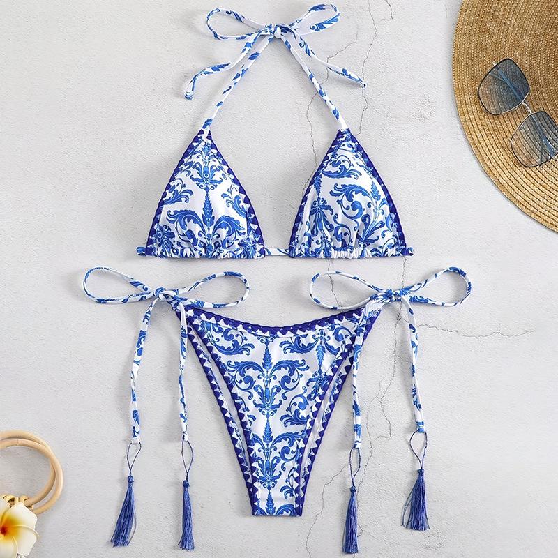 

2025 European & American Print Lace-up Sexy Bikini Swimsuit for Women S