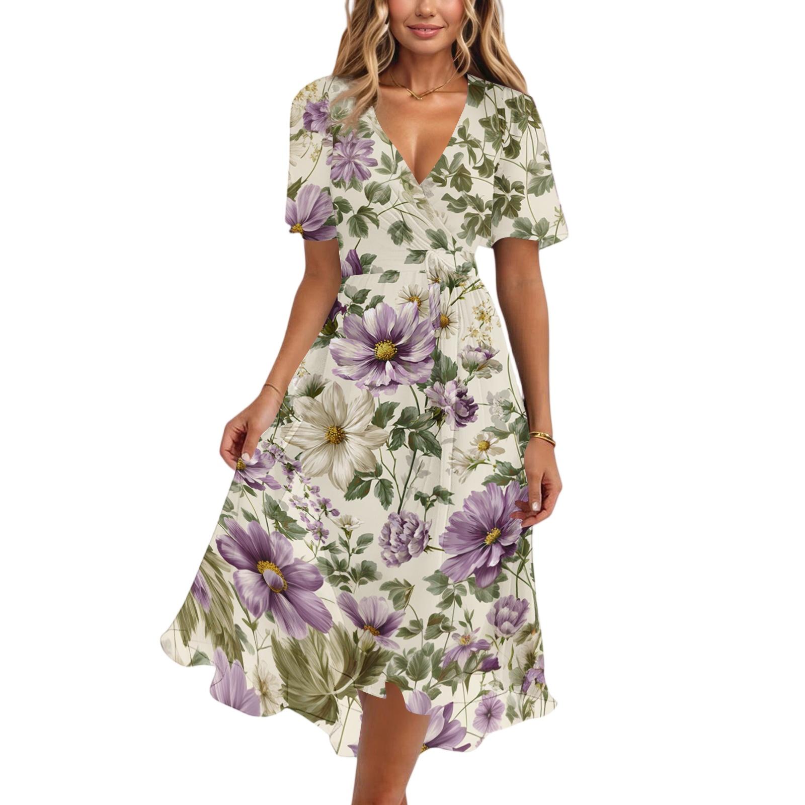 

Women s Casual V Neck Short Sleeve Floral Print Midi Dress Lightweight Summer Dress with A Line Skirt for Daily Wear S