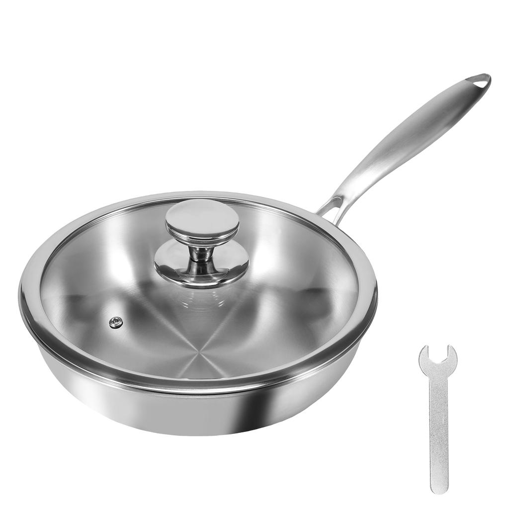 26CM Wokpfanne mit klarem Glasdeckel 304 Edelstahl Unbeschichtete Kochpfanne Gleichmäßige Erwärmung Wokpfanne Küchenkochgeschirr