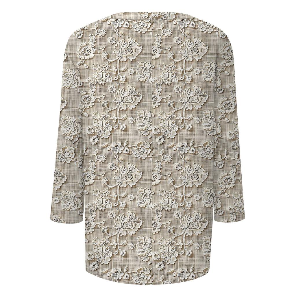 Damenmode Lässig Dreiviertelärmel Blumenmuster Rundhals Oberteil