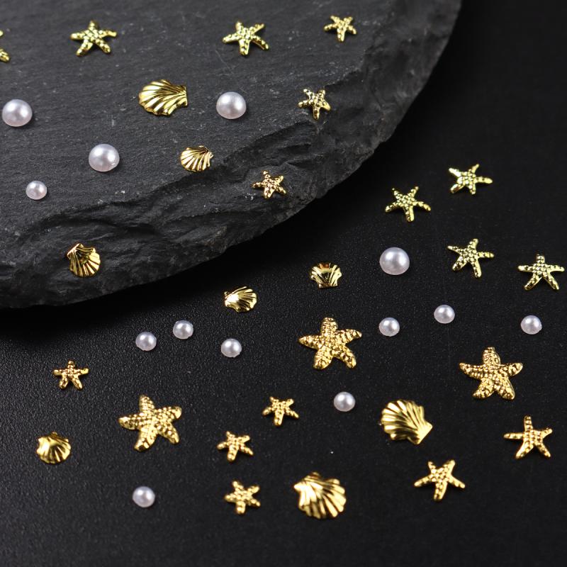 1 Bag Mixed Gold Ocean Style Nail Art Charms 3D Shell Starfish Pearl Metal Nail Jewelry Diy Nail Charm Decoration